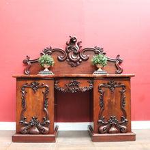 Load image into Gallery viewer, Antique English Twin Pedestal Sideboard, Flame Mahogany Carved Detail. B12959