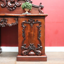 Load image into Gallery viewer, Antique English Twin Pedestal Sideboard, Flame Mahogany Carved Detail. B12959