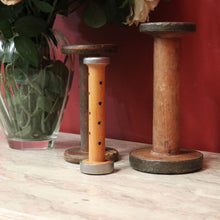 Load image into Gallery viewer, Three Antique Industrial Bobbins, Spools, Cotton or silk roving bobbins, now used as hat holder, Christmas scrolls, decorative pieces. B11502