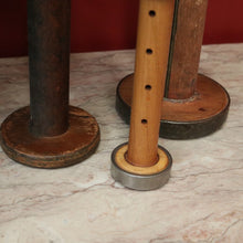Load image into Gallery viewer, Three Antique Industrial Bobbins, Spools, Cotton or silk roving bobbins, now used as hat holder, Christmas scrolls, decorative pieces. B11502