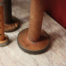 Load image into Gallery viewer, Three Antique Industrial Bobbins, Spools, Cotton or silk roving bobbins, now used as hat holder, Christmas scrolls, decorative pieces. B11502