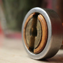 Load image into Gallery viewer, Three Antique Industrial Bobbins, Spools, Cotton or silk roving bobbins, now used as hat holder, Christmas scrolls, decorative pieces. B11502