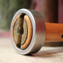 Load image into Gallery viewer, Three Antique Industrial Bobbins, Spools, Cotton or silk roving bobbins, now used as hat holder, Christmas scrolls, decorative pieces. B11502