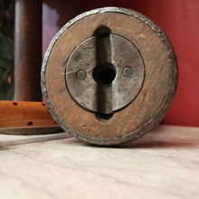 Load image into Gallery viewer, Three Antique Industrial Bobbins, Spools, Cotton or silk roving bobbins, now used as hat holder, Christmas scrolls, decorative pieces. B11502