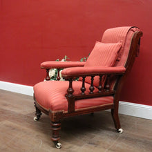 Load image into Gallery viewer, x SOLD Antique Australian Cedar Grandfather Chair with striped coral-coloured fabric. B12560
