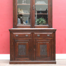 Load image into Gallery viewer, Antique English Pine Two Height Bookcase Glass Upper Doors. B12963