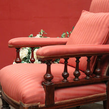 Load image into Gallery viewer, x SOLD Antique Australian Cedar Grandfather Chair with striped coral-coloured fabric. B12560