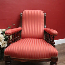 Load image into Gallery viewer, x SOLD Antique Australian Cedar Grandfather Chair with striped coral-coloured fabric. B12560