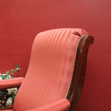 Load image into Gallery viewer, x SOLD Antique Australian Cedar Grandfather Chair with striped coral-coloured fabric. B12560