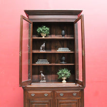 Load image into Gallery viewer, Antique English Pine Two Height Bookcase Glass Upper Doors. B12963
