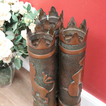 Load image into Gallery viewer, x SOLD WWI Trench Artwork/Art Shell Casing, Umbrella Holder or Door Stop. German Helmet with Eagle. B11339