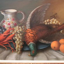Load image into Gallery viewer, x SOLD Framed Oil on Canvas, Still Life, Pheasant, Lobster, Fruit, Banquet, Oil Painting. B11334