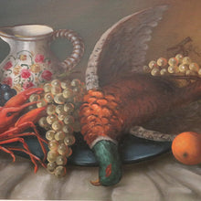 Load image into Gallery viewer, x SOLD Framed Oil on Canvas, Still Life, Pheasant, Lobster, Fruit, Banquet, Oil Painting. B11334