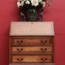 Load image into Gallery viewer, English Oak Writing Bureau Drop Front Desk Carved Detail c1930. B12984