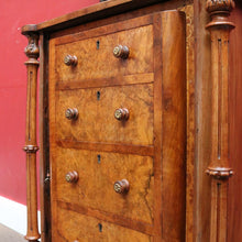 Load image into Gallery viewer, Antique Burr Walnut Hall Cabinet Faux Drawers Columns Bun Feet. B12974