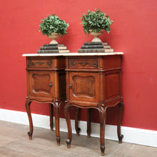 Load image into Gallery viewer, x SOLD Pair of Antique French Oak and Marble Top Bedside Cabinets or Lamp Tables. B12090