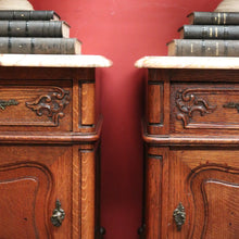 Load image into Gallery viewer, x SOLD Pair of Antique French Oak and Marble Top Bedside Cabinets or Lamp Tables. B12090