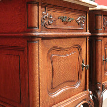 Load image into Gallery viewer, x SOLD Pair of Antique French Oak and Marble Top Bedside Cabinets or Lamp Tables. B12090