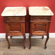Load image into Gallery viewer, x SOLD Pair of Antique French Oak and Marble Top Bedside Cabinets or Lamp Tables. B12090