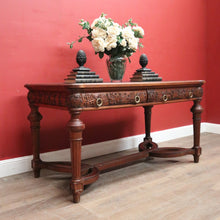 Load image into Gallery viewer, x SOLD Antique French Oak Stretcher base two Drawer Office Desk, Writing Desk, hall Table. B12108