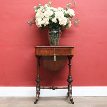 Load image into Gallery viewer, x SOLD Antique English Burr Walnut Sewing Table – Drawer, Work Bag, Key Included. B12574