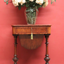 Load image into Gallery viewer, x SOLD Antique English Burr Walnut Sewing Table – Drawer, Work Bag, Key Included. B12574