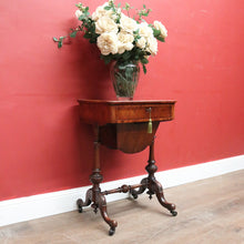 Load image into Gallery viewer, x SOLD Antique English Burr Walnut Sewing Table – Drawer, Work Bag, Key Included. B12574