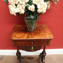 Load image into Gallery viewer, x SOLD Antique English Burr Walnut Sewing Table – Drawer, Work Bag, Key Included. B12574