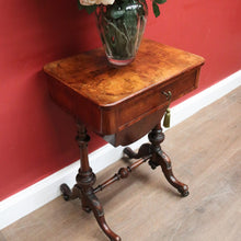 Load image into Gallery viewer, x SOLD Antique English Burr Walnut Sewing Table – Drawer, Work Bag, Key Included. B12574