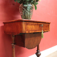Load image into Gallery viewer, x SOLD Antique English Burr Walnut Sewing Table – Drawer, Work Bag, Key Included. B12574