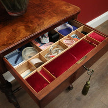Load image into Gallery viewer, x SOLD Antique English Burr Walnut Sewing Table – Drawer, Work Bag, Key Included. B12574