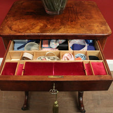Load image into Gallery viewer, x SOLD Antique English Burr Walnut Sewing Table – Drawer, Work Bag, Key Included. B12574
