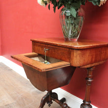 Load image into Gallery viewer, x SOLD Antique English Burr Walnut Sewing Table – Drawer, Work Bag, Key Included. B12574