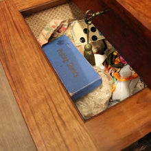 Load image into Gallery viewer, x SOLD Antique English Burr Walnut Sewing Table – Drawer, Work Bag, Key Included. B12574