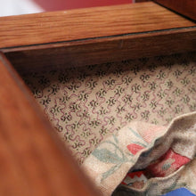 Load image into Gallery viewer, x SOLD Antique English Burr Walnut Sewing Table – Drawer, Work Bag, Key Included. B12574