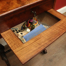Load image into Gallery viewer, x SOLD Antique English Burr Walnut Sewing Table – Drawer, Work Bag, Key Included. B12574