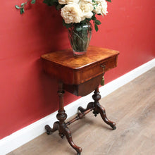 Load image into Gallery viewer, x SOLD Antique English Burr Walnut Sewing Table – Drawer, Work Bag, Key Included. B12574