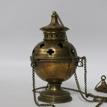 Load image into Gallery viewer, x SOLD Antique French Brass Thurible Censer – Quatrefoil Motifs, Wonderful aged Patina. B12396