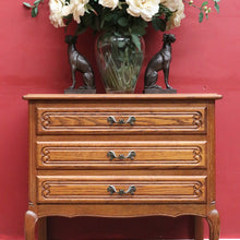 Load image into Gallery viewer, French Oak Bedside Chest Three Drawers Brass Handles Vintage. B12805