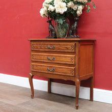 Load image into Gallery viewer, French Oak Bedside Chest Three Drawers Brass Handles Vintage. B12805