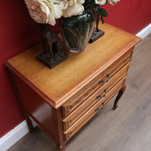 Load image into Gallery viewer, French Oak Bedside Chest Three Drawers Brass Handles Vintage. B12805
