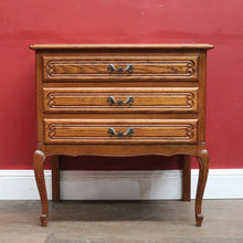 Load image into Gallery viewer, French Oak Bedside Chest Three Drawers Brass Handles Vintage. B12805