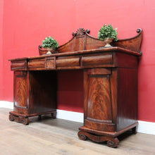 Load image into Gallery viewer, Antique English Twin Pedestal Sideboard Scrolled Backboard c1830. B12987