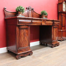 Load image into Gallery viewer, Antique English Twin Pedestal Sideboard Scrolled Backboard c1830. B12987