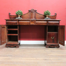 Load image into Gallery viewer, Antique English Twin Pedestal Sideboard Scrolled Backboard c1830. B12987