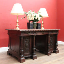 Load image into Gallery viewer, x SOLD Antique French Oak Twin Pedestal Office Desk, Three Drawer Desk with Drawers and Brass Handles. B12173