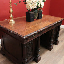 Load image into Gallery viewer, x SOLD Antique French Oak Twin Pedestal Office Desk, Three Drawer Desk with Drawers and Brass Handles. B12173