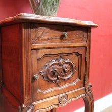Load image into Gallery viewer, Antique French Walnut Bedside Table with Marble Top with Single Door and Drawer B12999