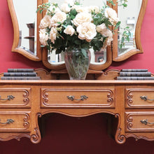Load image into Gallery viewer, x SOLD Antique French Oak Dressing Table Tri Fold Mirror Cabriole Legs. B12723