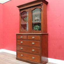 Load image into Gallery viewer, Antique Pine Bookcase Glass Doors Drawers, Leather Fronted Shelves. B12980